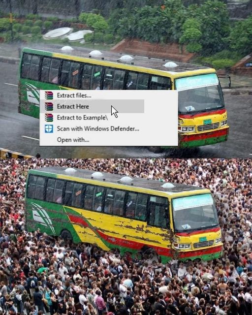 The meme is a screenshot of a Windows file explorer with the "Extract Here" option highlighted. The image is a joke about a person trying to extract a crowd of people from a bus, with the file explorer's prompt implying that the bus is a compressed file that needs to be extracted. The text in the image reads "Extract Here" and "Extract to Example".